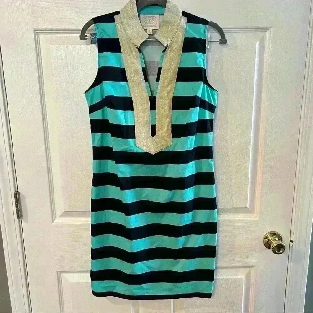 Sail to Sable Navy and Teal Striped Shift Dress with Metallic Trim Size Medium